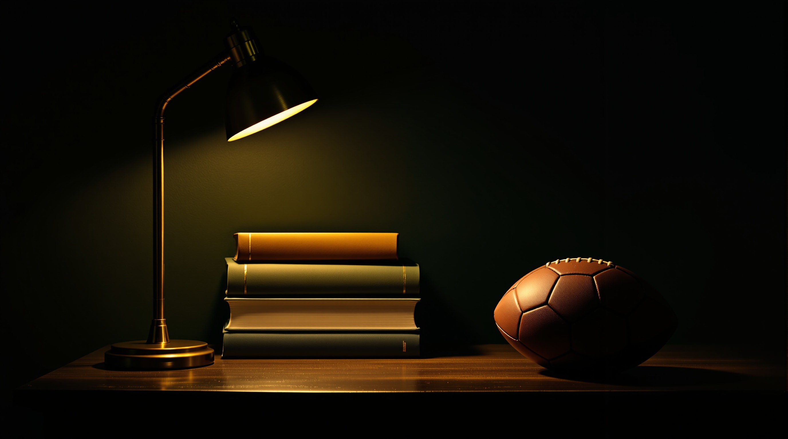 A lamplit desk with a stack of plain hardback books beside a football