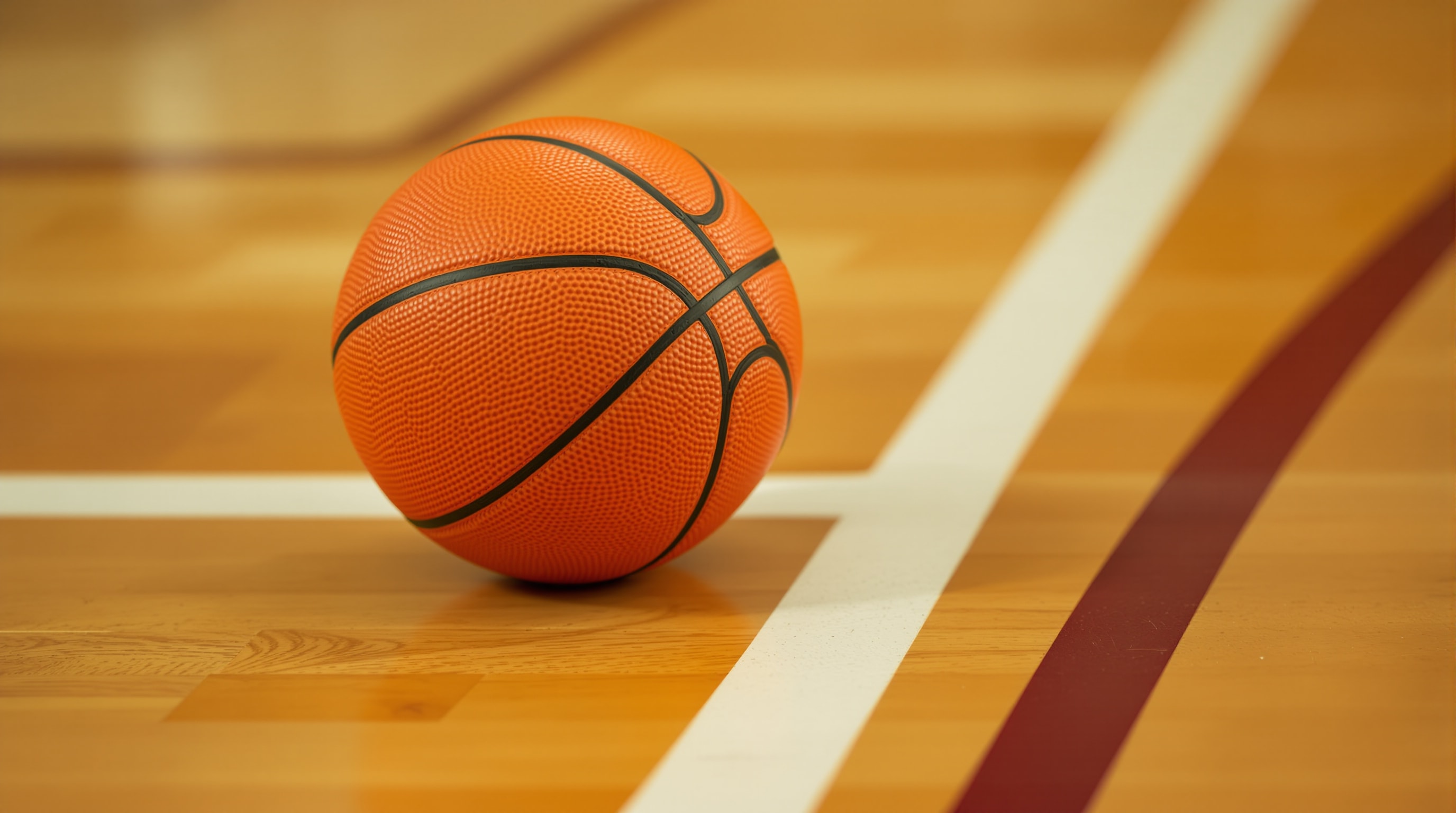 A worn orange basketball resting on a hardwood floor beside a painted line