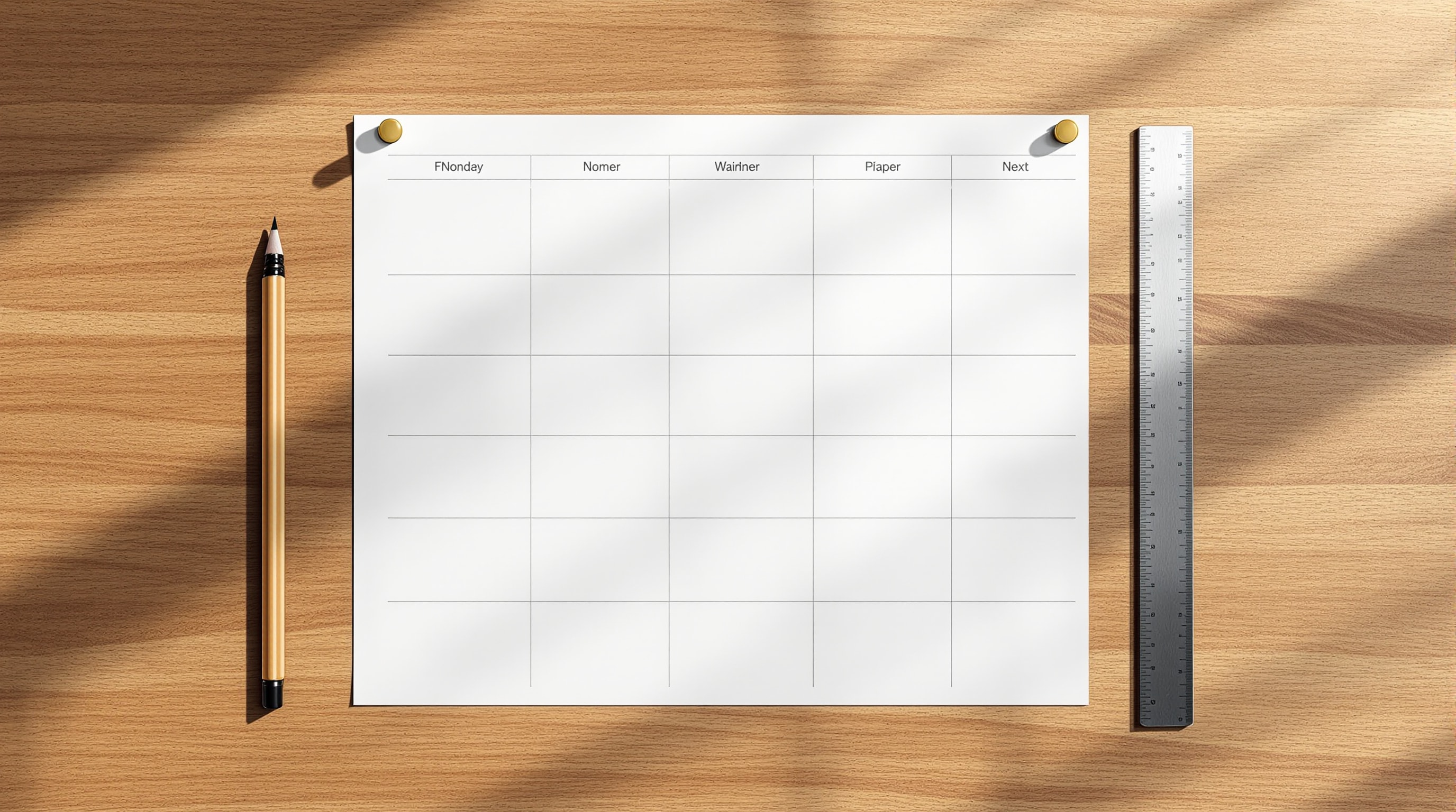 A blank paper wall planner grid on a wooden desk with a pencil and ruler