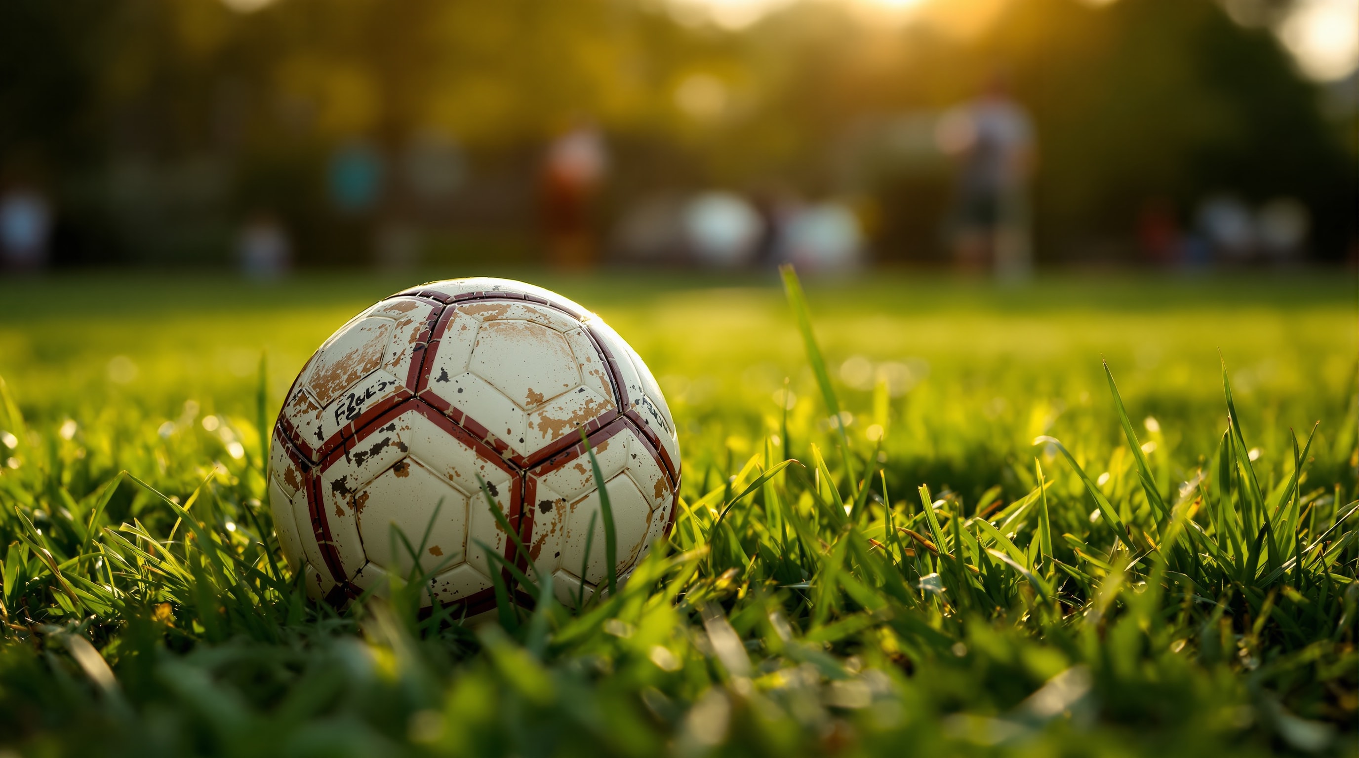 A worn football resting in long grass on a public pitch in low evening sun