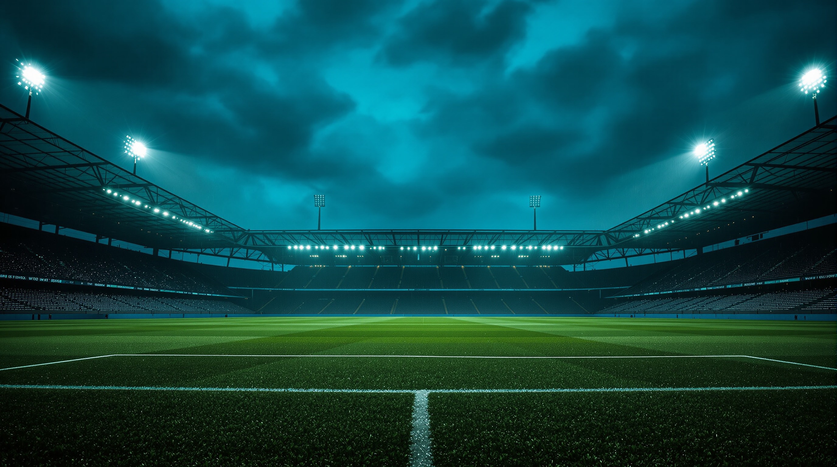 An empty floodlit football stadium at dusk, the pitch wet and reflecting the lights