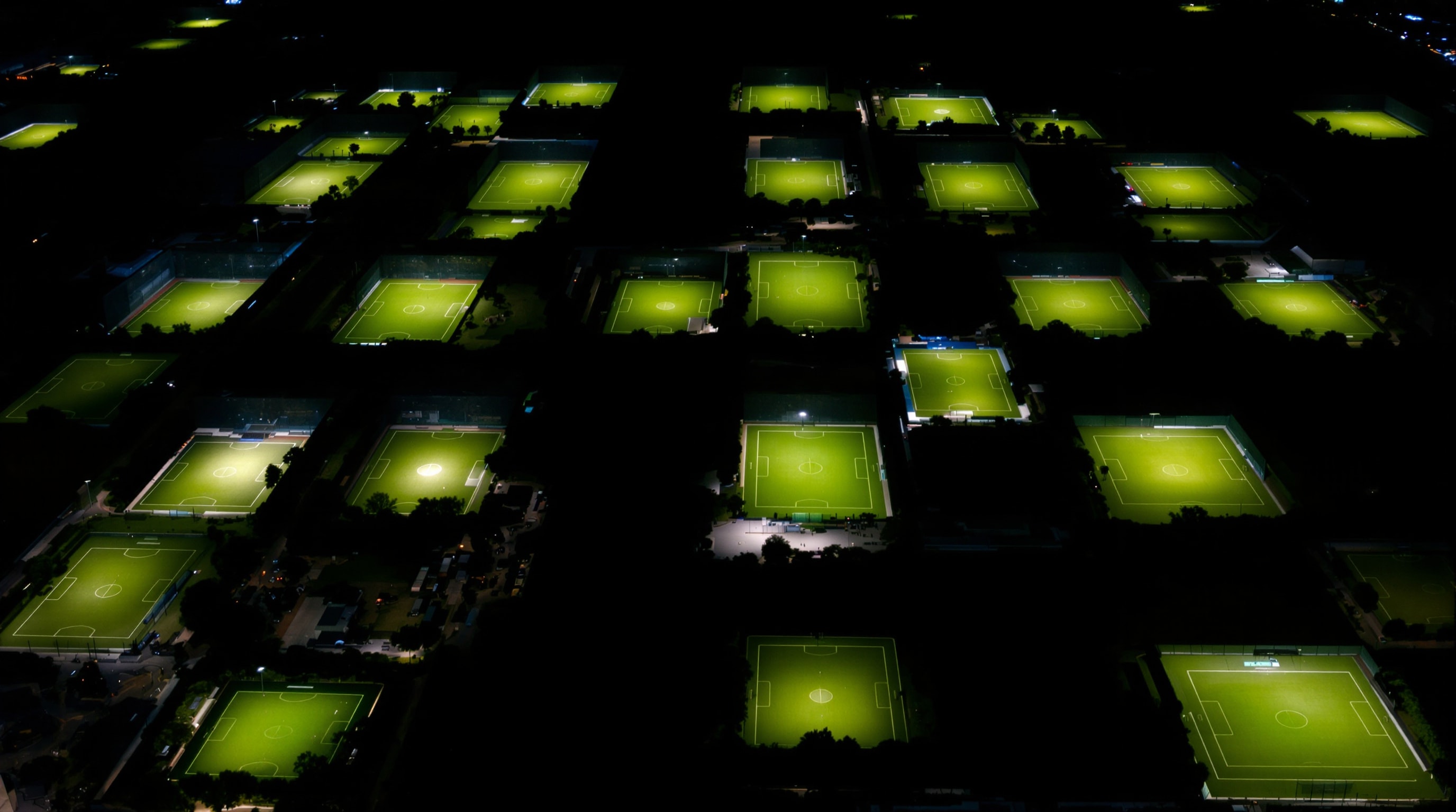 Aerial night view of many floodlit pitches arranged in a grid