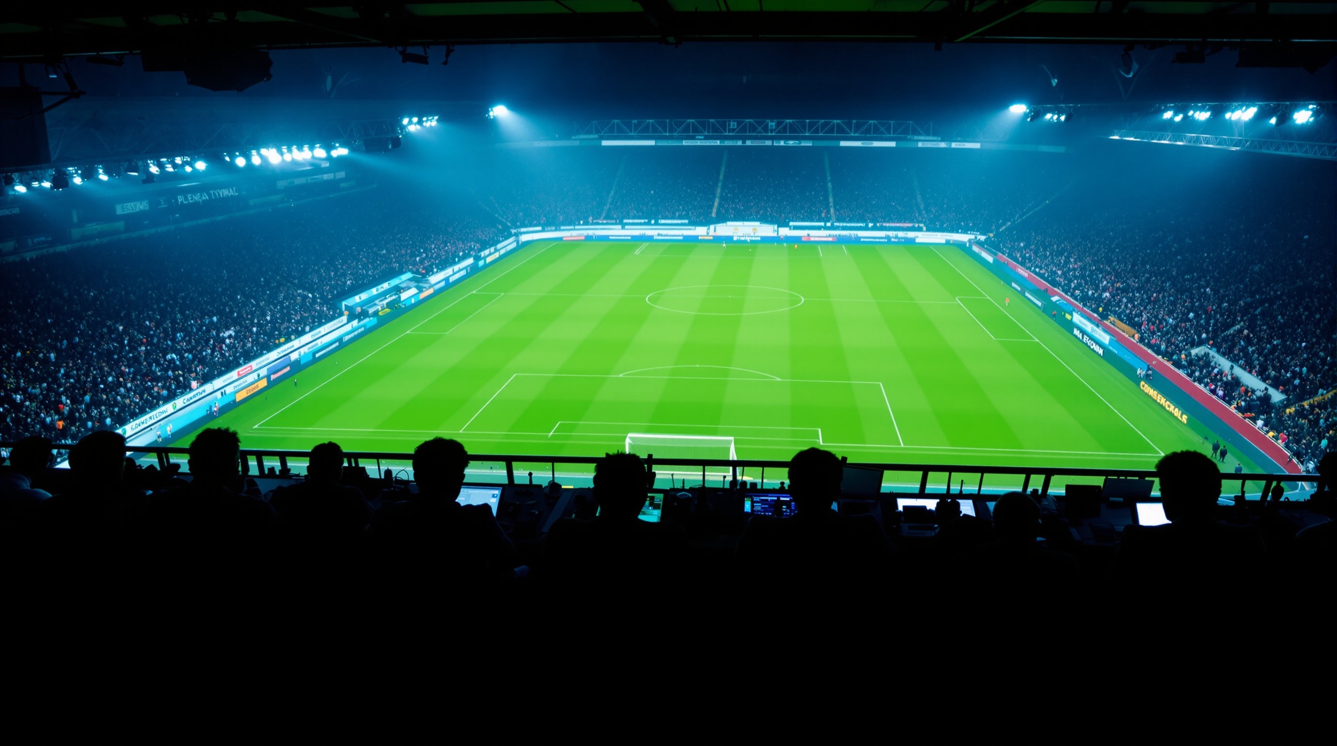 A darkened stadium press gantry overlooking a floodlit pitch far below