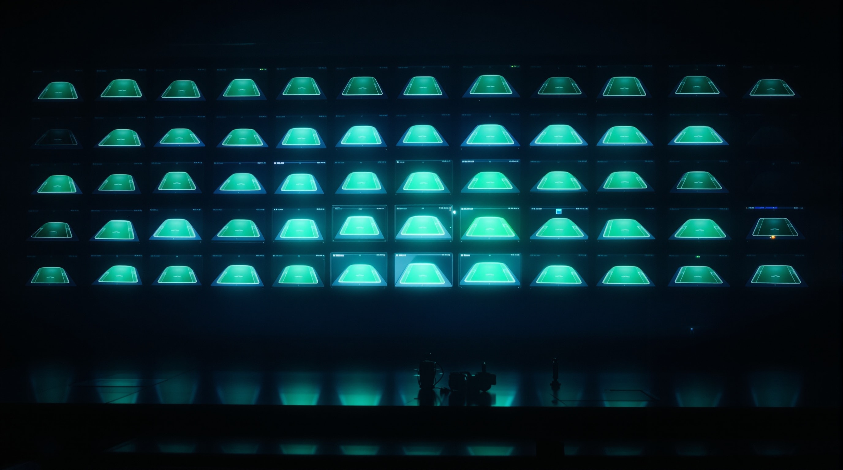A grid of dark monitors in a dim room, each showing an abstract green pitch shape