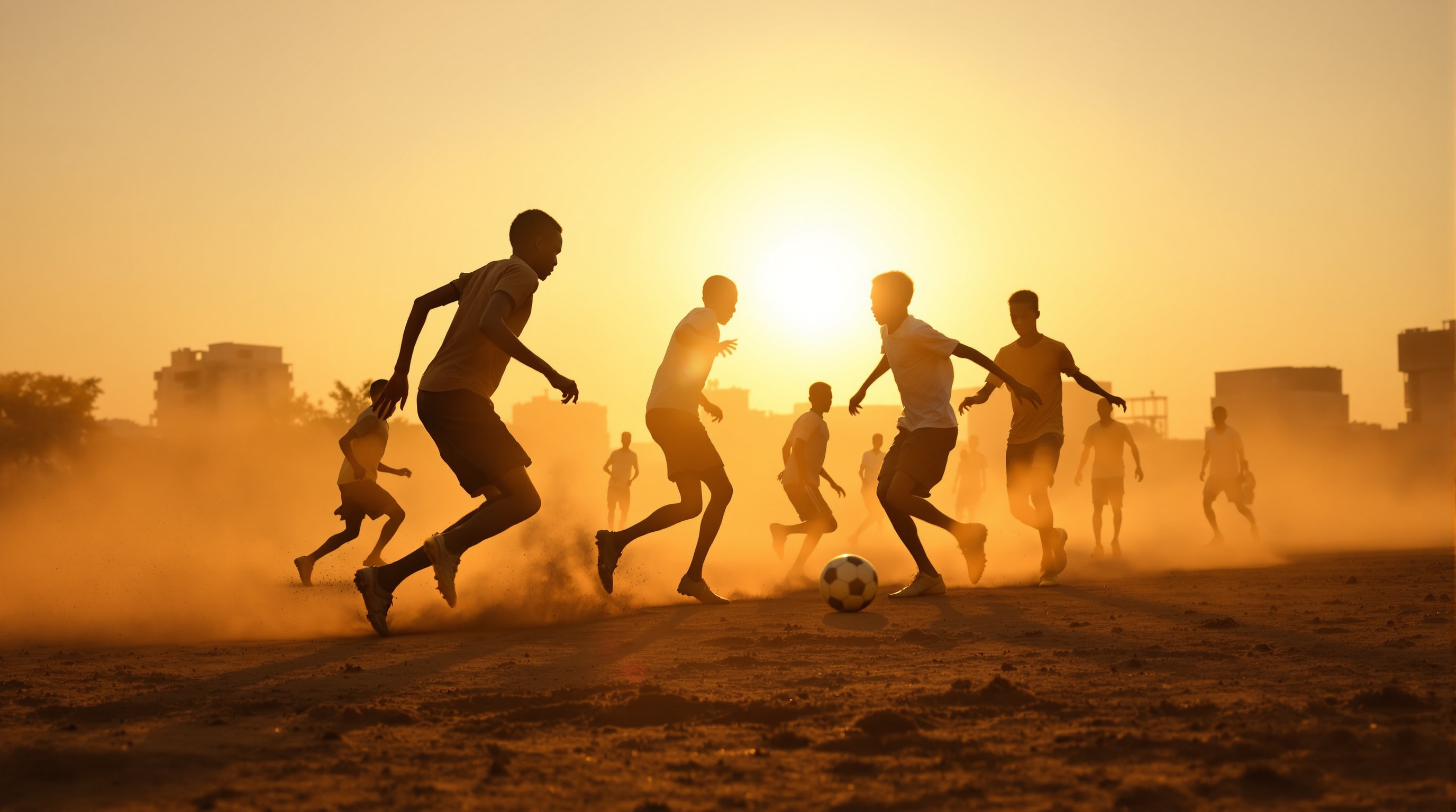 Young players in a street football game on dusty ground at golden hour